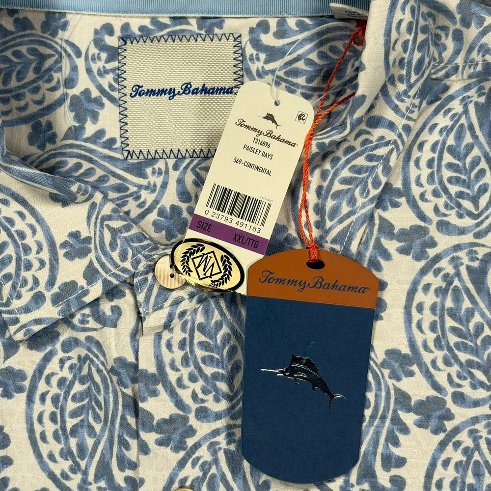 Tommy Bahama Silk Jacquard Shirt Mens XXL Blue Cream Paisley Short Sleeve NWT - Picture 6 of 11